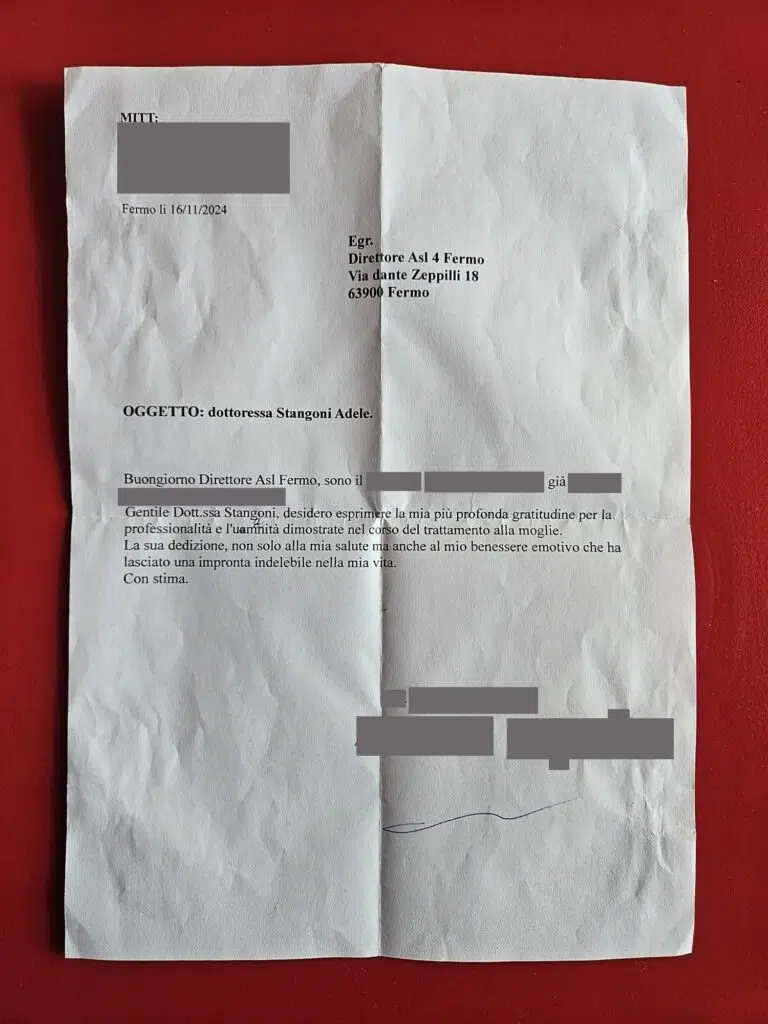 Fermo, il marito di una paziente ringrazia con una lettera la dottoressa Stangoni: «Professionalità, umanità e dedizione»